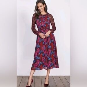 Boden Erica Chiffon Floral & Leopard Mixed Print Long Sleeve Midi Dress 10L